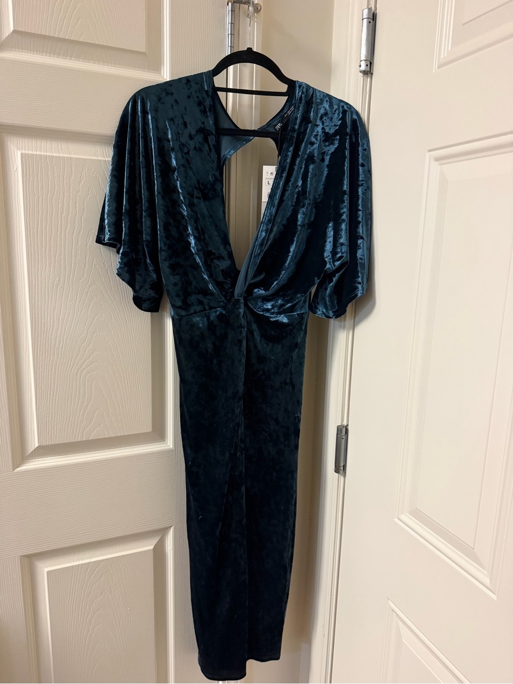Zara Teal Velvet Midi Dress with Draped Flutter Sleeves